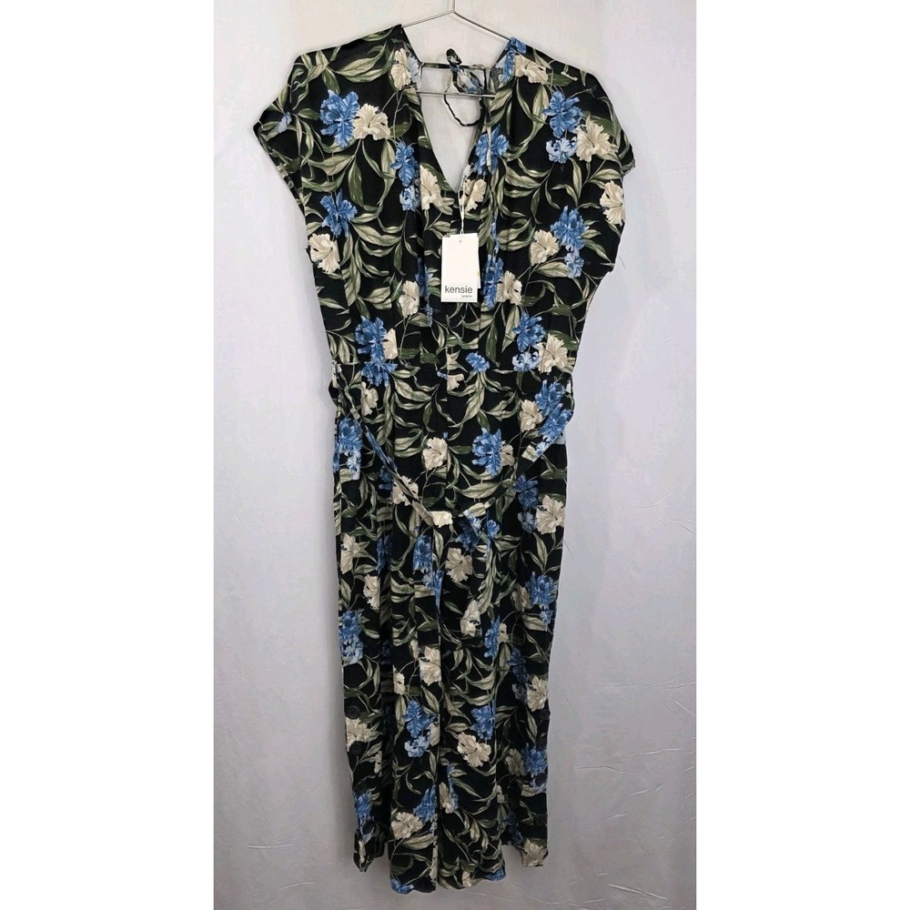 NWT Kensie Sz.Med Blue Hibiscus/ Sky Linen Blend Jumpsuit Romper  Pockets V-Neck